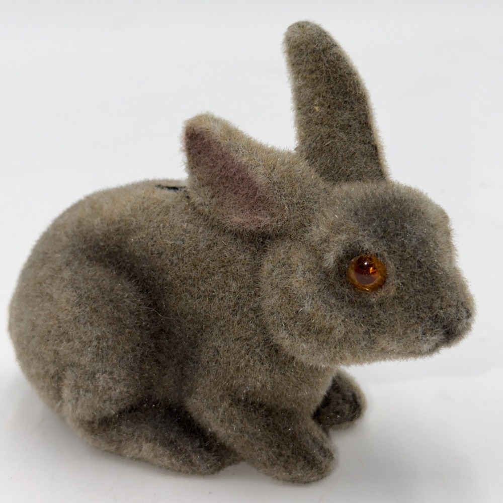 Vintage Flocked Brown Bunny Rabbit Glass Eyes Coin Bank With Stopper